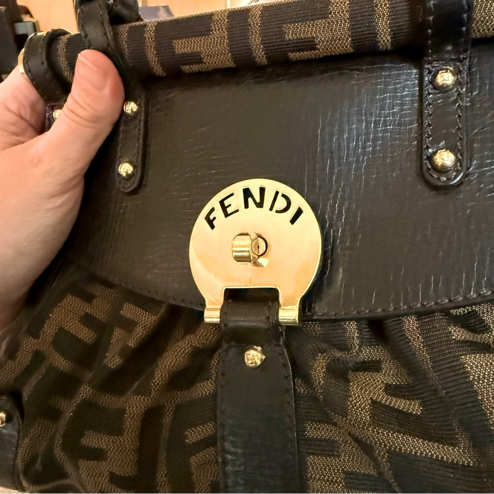 Authentic Vintage Fendi Magic Bag Canvas Dark Brown Leather Trim Y2K 2000s Clean - Picture 9 of 10